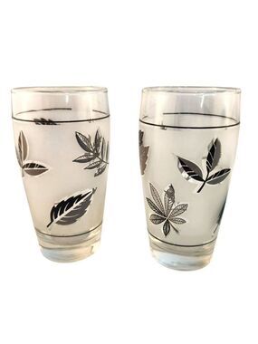 Vtg MCM Libbey Glass Frosted Silver Leaf Flat Tumbler Glasses 5.25"H Set Of 2